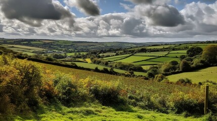 A peaceful, rolling countryside dotted with farms and fields of crops under a blue sky with fluffy white clouds Generative AI