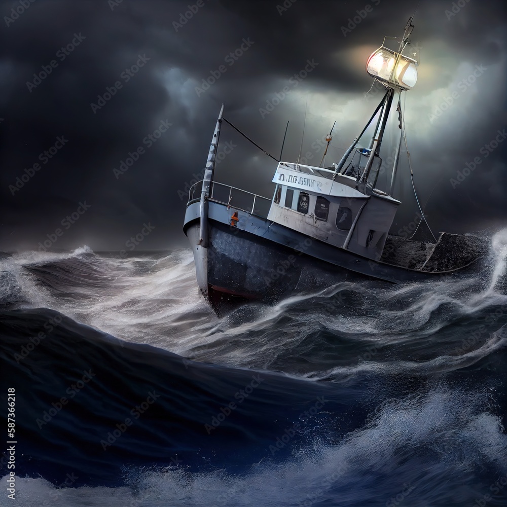 Sticker fishing trawler in a storm on the waves, created with generative ai