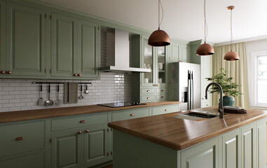 Green kitchen interior with island. Stylish kitchen with wooden worktop.