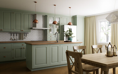 Fototapeta na wymiar Green kitchen interior with island. Stylish kitchen with wooden worktop.