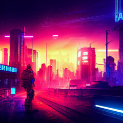 Man looking at a cyberpunk city