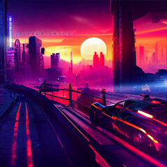 Car racing through a cyberpunk city