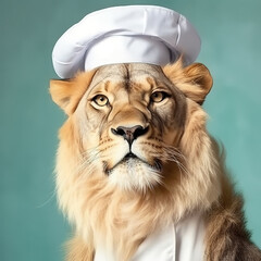 Lion in chef uniform, complete with toque hat. Generative AI