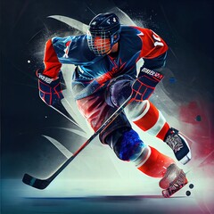 Hockey player brakes skates right into the frame, action shooting, created with generative ai