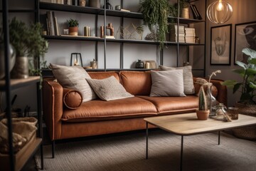 Leather couch with cushions and blanket in stylish living room with metal shelves and contemporary coffee table, true picture. Generative AI