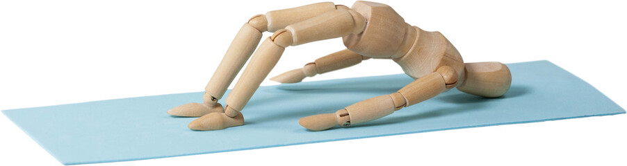 Brown 3d wooden figurine exercising on mat