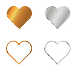 vector set of 3d metallic hearts, gold and silver hearts with and without fill on white background