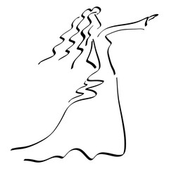young woman in a long dress dancing a emotional dance or pointing forward, black outline on a white background