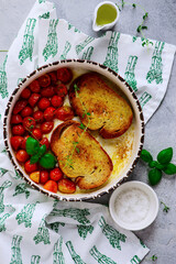 Bruschetta with buratta and baked cherry tomatoes.selective focus