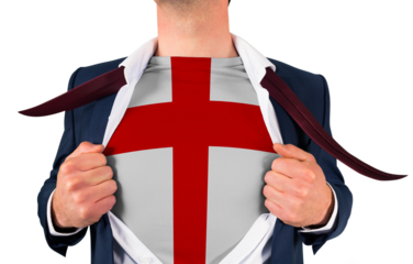 Businessman opening shirt to reveal england flag