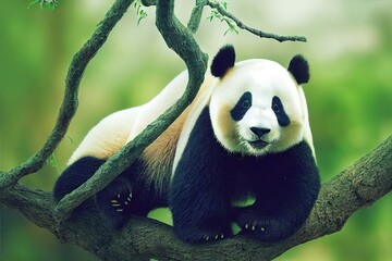 Obraz premium Funny panda hung on a branch, created with generative ai