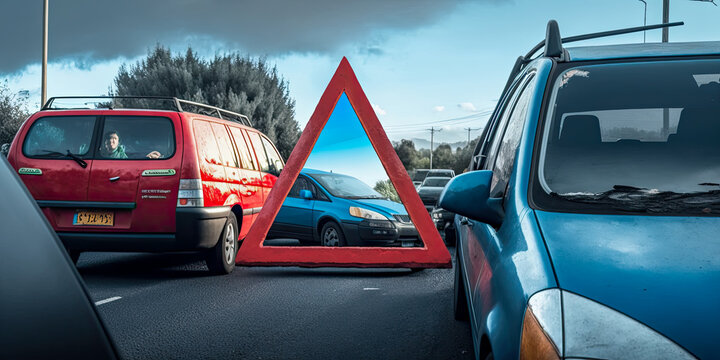 A reflective red triangle used to point out a car accident - Generative AI