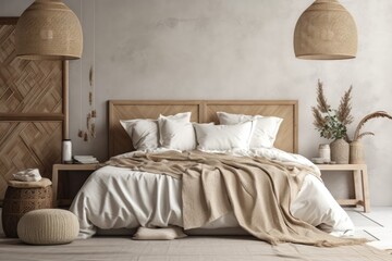 Fototapeta na wymiar White and beige farmhouse bedroom with wall mockup. Wood and fabric bed. Boho decor,. Generative AI