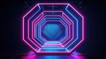 3d render, blue pink neon hexagonal frame. Generative Ai