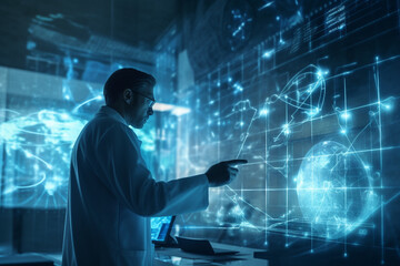 Medicine doctor touching medical global network, Computing electronic medical record. DNA. Digital healthcare and network connection on virtual interface, medical technology AI Generated
