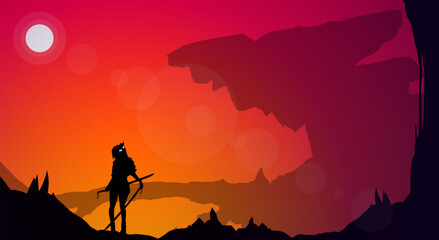 Fototapeta na wymiar samurai at sunset. Japanese samurai warrior with a sword. japanese theme wallpaper at sunset. sunset. orange sky. fantasy sunset walpaper. Samurai with oni mask. 