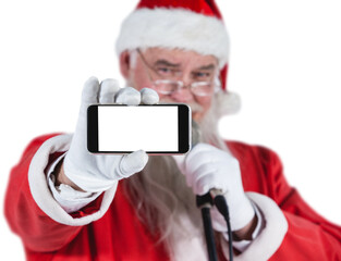 Santa Claus singing and showing mobile phone