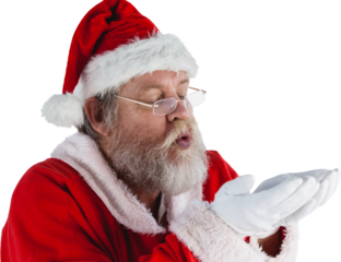 Santa Claus in eyeglasses blowing invisible snow