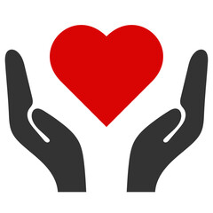 Red heart between hands icon, flat style vector illustration object for care, love, valentine, health, charity, save, web, app, mobile, label, logo, sticker, stamp, UI. Isolated on white background.