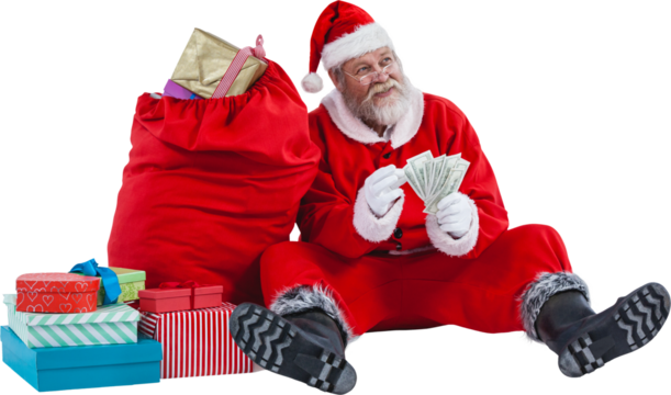 Santa Claus sitting by Christmas gifts counting bills