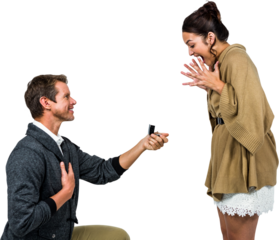 Happy man offering engagement ring to partner