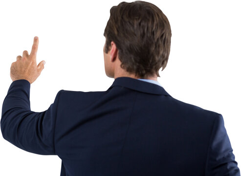 Businessman pressing an invisible virtual screen