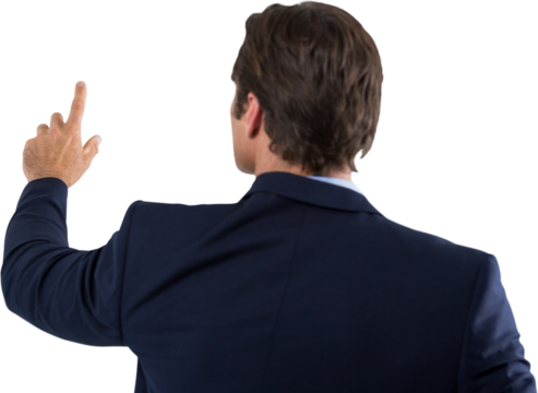 Businessman pressing an invisible virtual screen