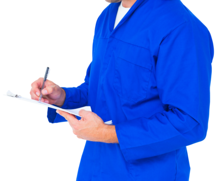 Midsection of mechanic writing on clipboard
