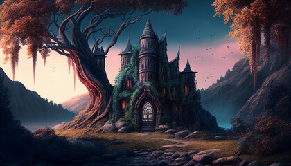 Fototapeta na wymiar a fantasy landscape, featuring a magical forest, a medieval castle