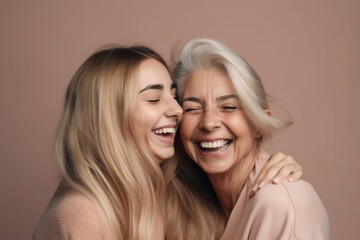 Young woman with older mother cuddling together. Mothers day. Generative ai