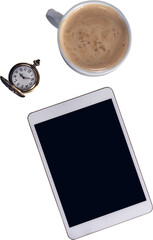 Coffee, digital tablet and stopwatch