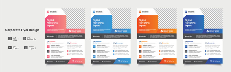 a bundle of 4 templates of a4 flyer, corporate Business flyer template vector design, digital marketing Expert flyer template, vector illustration template in A4 size.