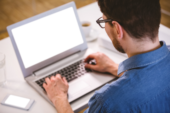 Rear view of businessman using laptop