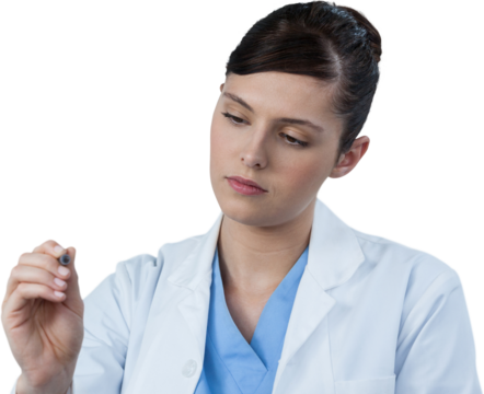 Female scientist writing on glass wall - Powered by Adobe