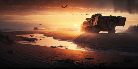Sunrise Normandy landing during World War II - Generative AI