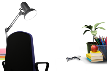 Lamp and chair by apple on stacked books