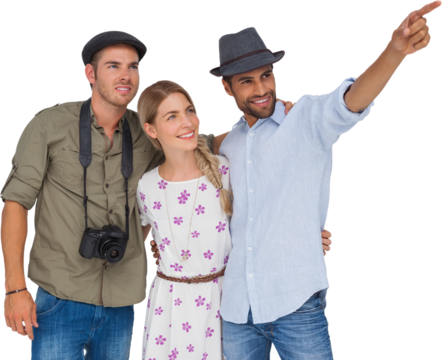 Man pointing to something with friends and one has camera - Powered by Adobe