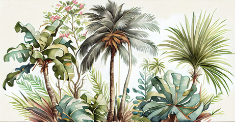 Tropical plant and vegetation watercolor illustration