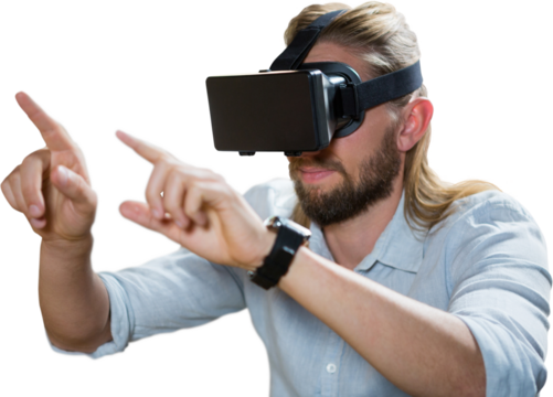 Man pointing while wearing virtual reality glasses