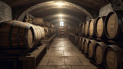 brewery cellar background, barrels, wine or beer, generative ai
