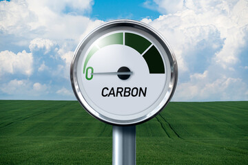 Gauge with inscription CARBON. Arrow points to zero. Concept of Carbon Neutrality.