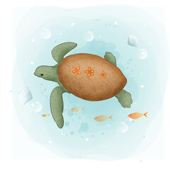 Cute turtle with fishes, watercolor art style. 