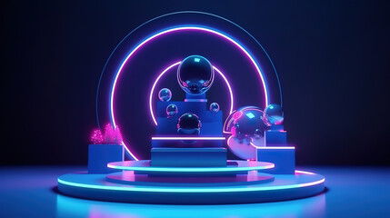 3d render, futuristic empty stage with neon light. Generative Ai