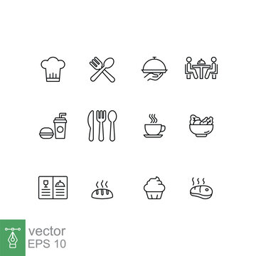 Restaurant food icon set. Simple outline style. Drink, coffee, table, menu, bakery, food and beverage concept. Thin line symbol. Vector illustration isolated on white background. EPS 10.