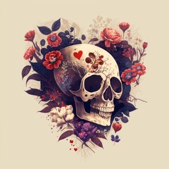 A tattoo illustration, Skull, floral, hearts, Created with Generative AI