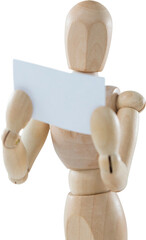 3d illustration of Wooden figurine holding blank placard 