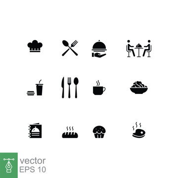 Restaurant food icon set. Simple solid style. Drink, coffee, table, menu, bakery, food and beverage concept. Black silhouette, glyph symbol. Vector illustration isolated on white background. EPS 10.