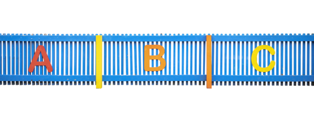 Cutout of an isolated blue painted wooden fence with letters ABC  with the transparent png