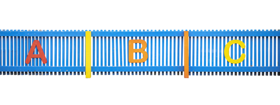 Cutout of an isolated blue painted wooden fence with letters ABC with the transparent png