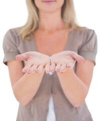 Happy blonde holding our her hands